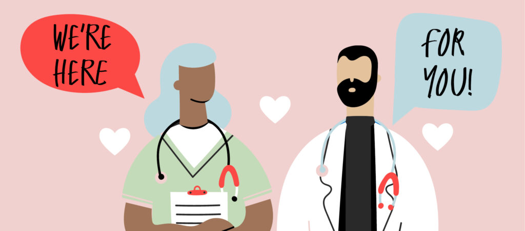 Illustration of two healthcare professionals with stethoscopes, one in green scrubs holding a clipboard, and one in a white coat. Speech bubbles say 