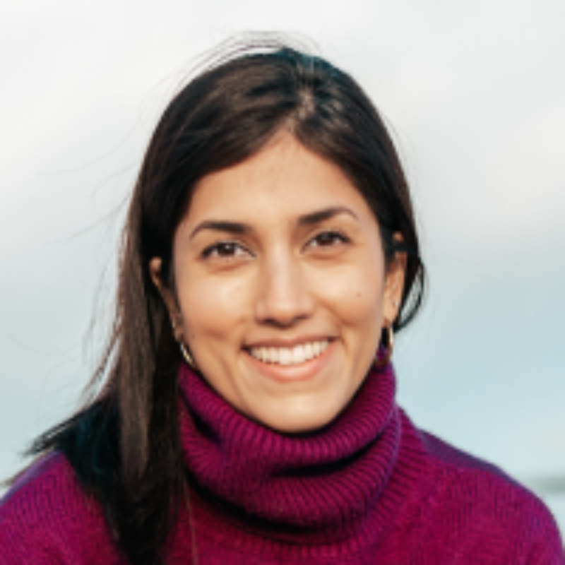 Woman with long dark hair smiling, wearing a purple turtleneck sweater against a light background.