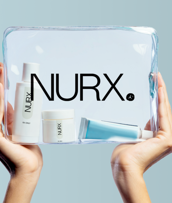 Hands holding a clear bag containing three Nurx skincare products against a light blue background.